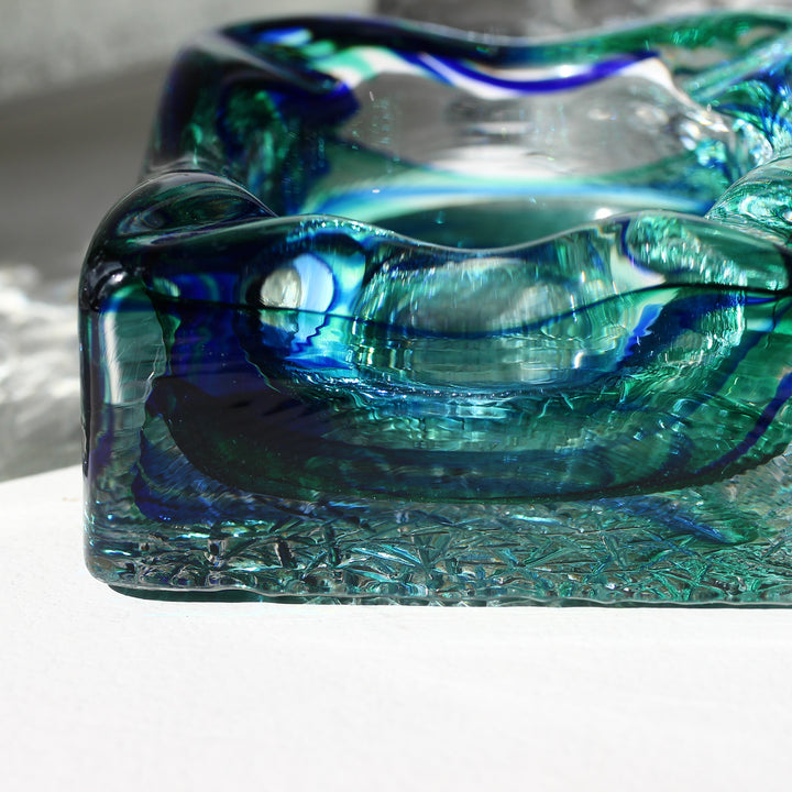 Pukeberg Ice Glass Aschenbecher – Blue & Green, 1970er Jahre