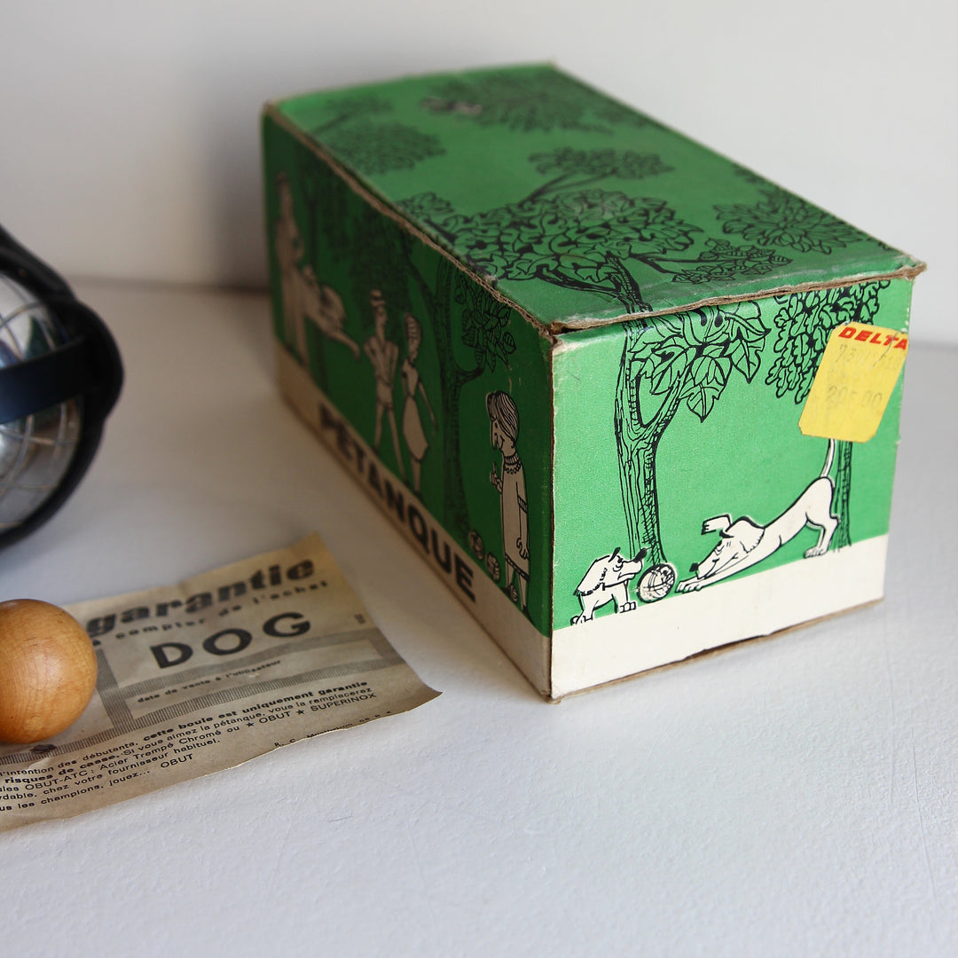 Französisches Boule-Set mit Lederträger und Originalkarton