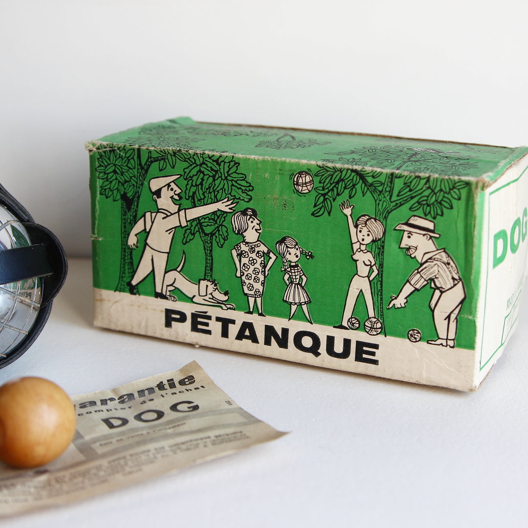 Französisches Boule-Set mit Lederträger und Originalkarton