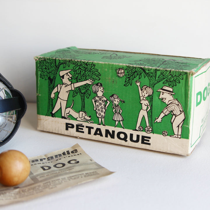 Französisches Boule-Set mit Lederträger und Originalkarton