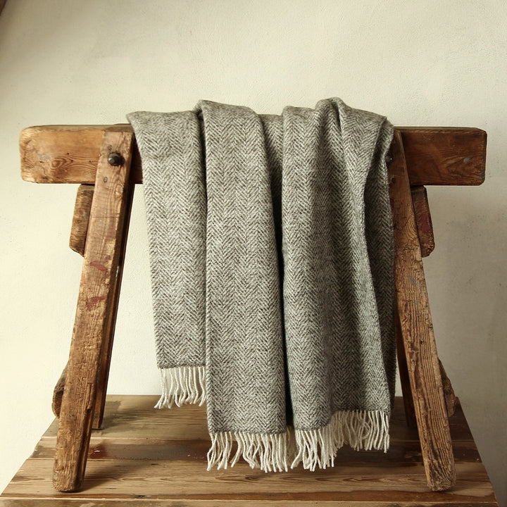 Natural Wool Eco Blanket - Pale Grey Herringbone