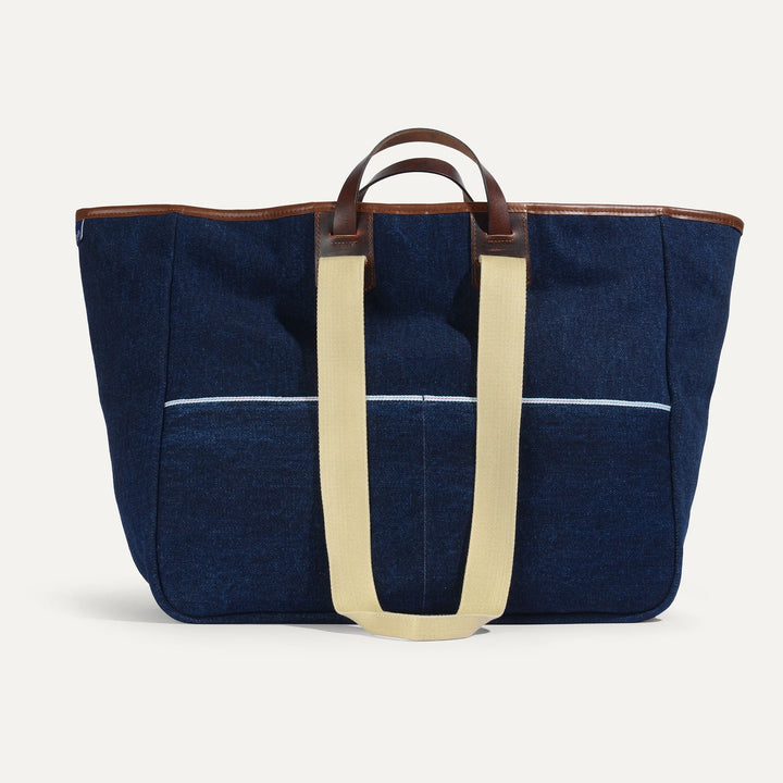 Bleu de Chauffe Mélo 48H Tote Bag aus japanischem Selvedge-Denim mit braunen Ledergriffen und Schulterriemen