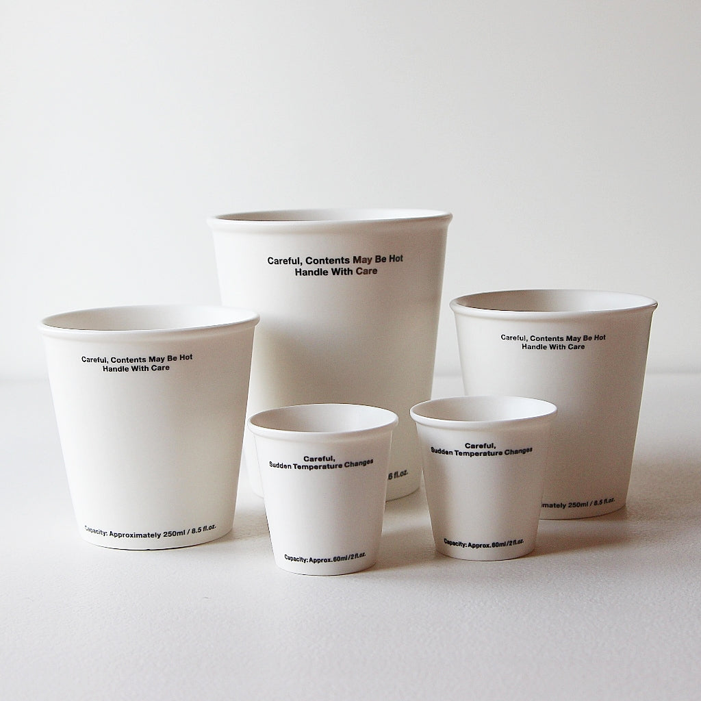 Ceramic Not Paper Cup Espresso Keramikbecher in verschiedenen Größen im Größenvergleich.