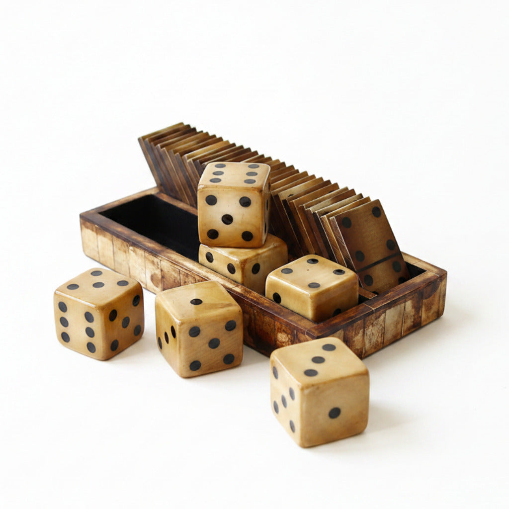 Vintage Domino- und Würfelspiel aus Kunstharz mit Aufbewahrungsbox im Stil der 1970er-Jahre