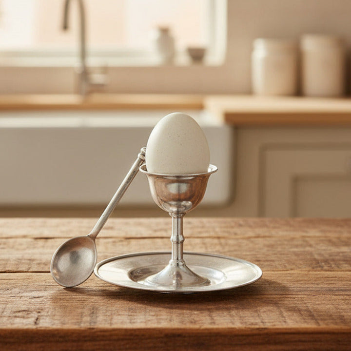 Eierbecher Pedestal aus Zinn mit Ei und Teller