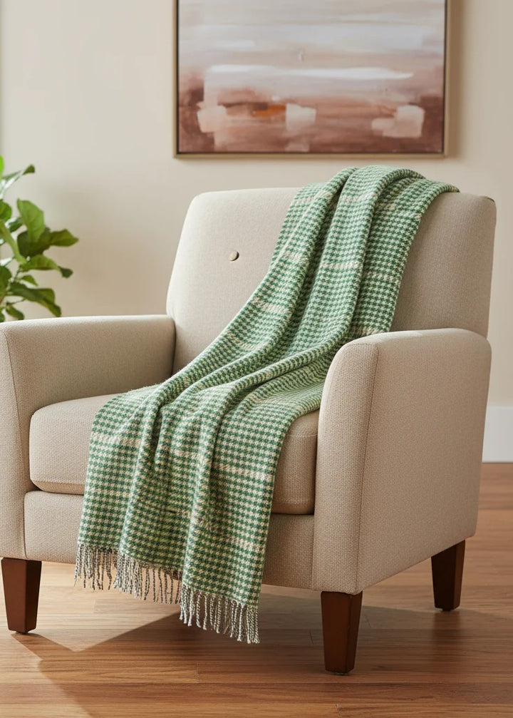 Merino/Cashmere Throw - Green Cream Herringbone