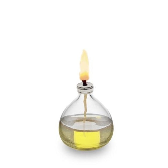 Öllampe Luceo aus Glas und Zinn mit brennender Flamme