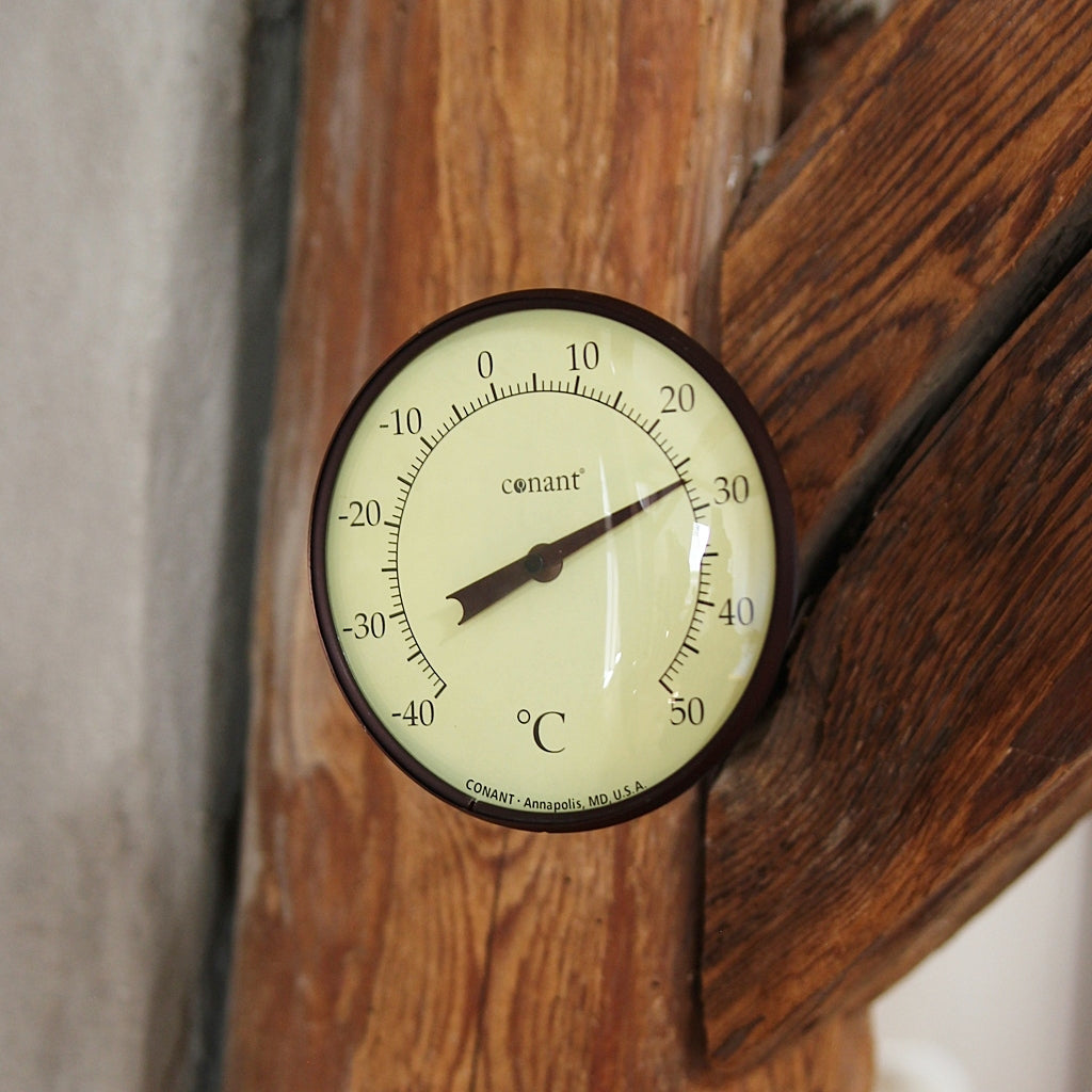 Rundes Wandthermometer Bronze Patina von Conant mit Schwenkarm