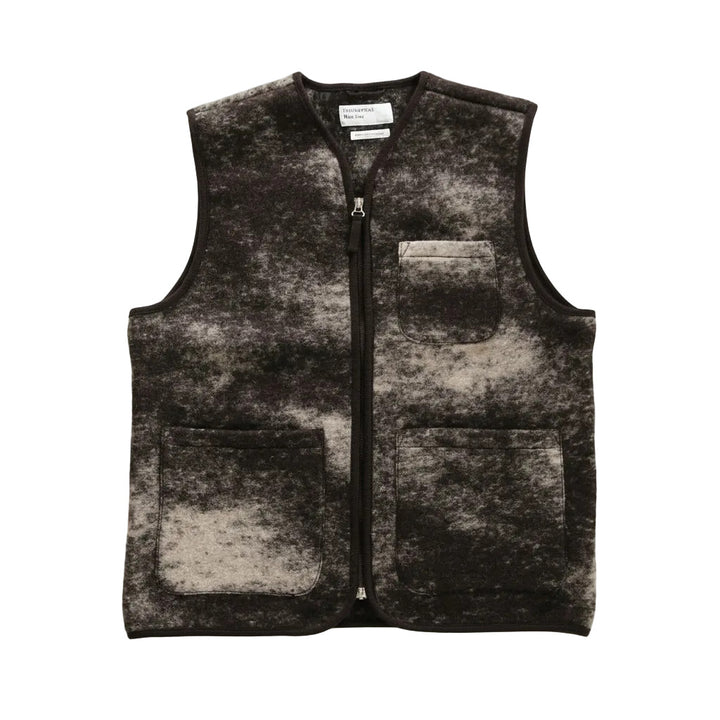 Universal Works Zip Gilet Cloud Camo Knit Brown aus Wollmischung mit Zwei-Wege-Reißverschluss und drei Taschen