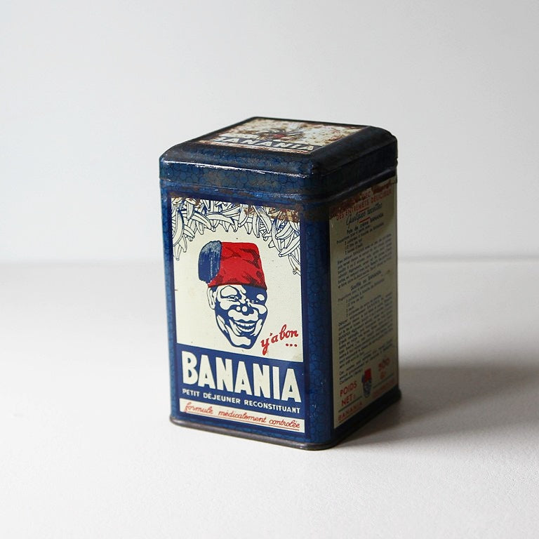 Vintage Banania Blechdose aus Frankreich von 1961 mit originaler Werbegrafik.