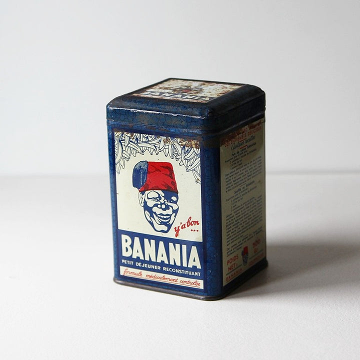Vintage Banania Blechdose aus Frankreich von 1961 mit originaler Werbegrafik.