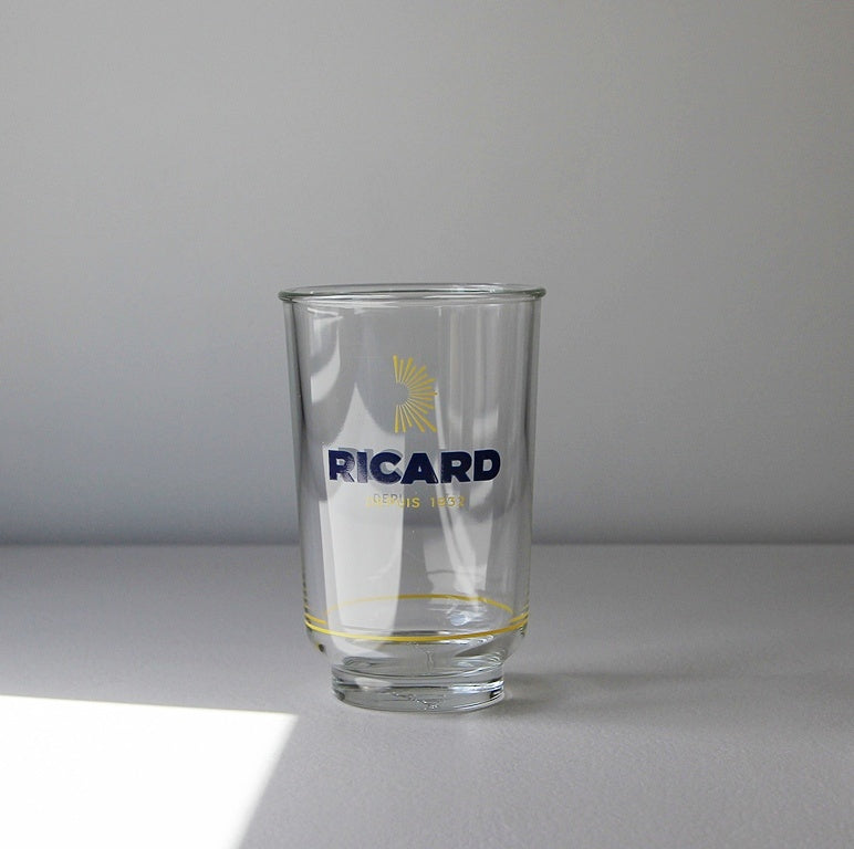 Vintage Ricard Longdrinkglas von Mathieu Lehanneur mit blauem Logo und gelber Sonne, Frankreich, 27,5 cl.