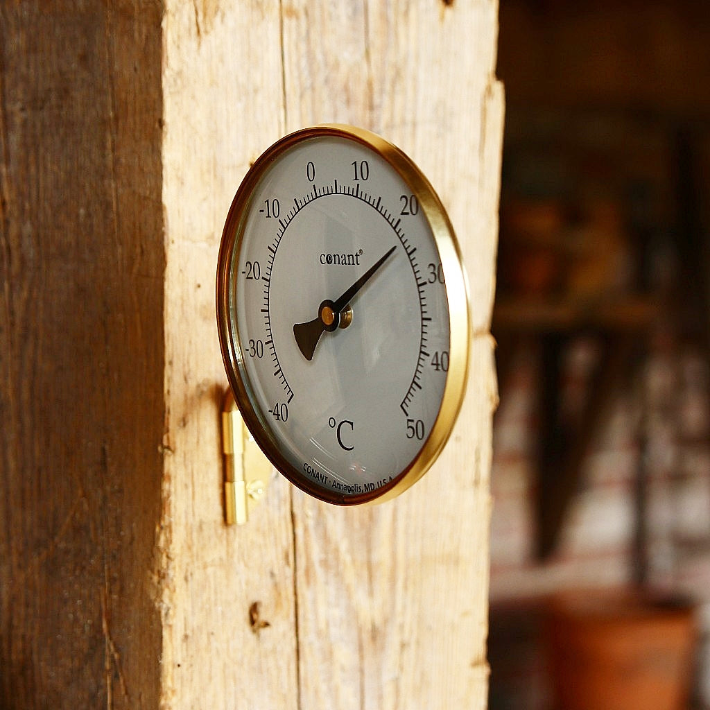 Rundes Thermometer aus Messing mit Celsius und Fahrenheit Anzeige