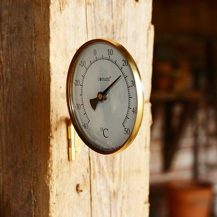 Rundes Thermometer aus Messing mit Celsius und Fahrenheit Anzeige